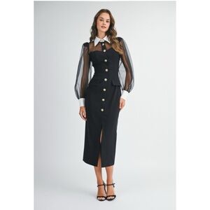 MABLE Black Sheer-Sleeve Midi Dress with Contrast Collar